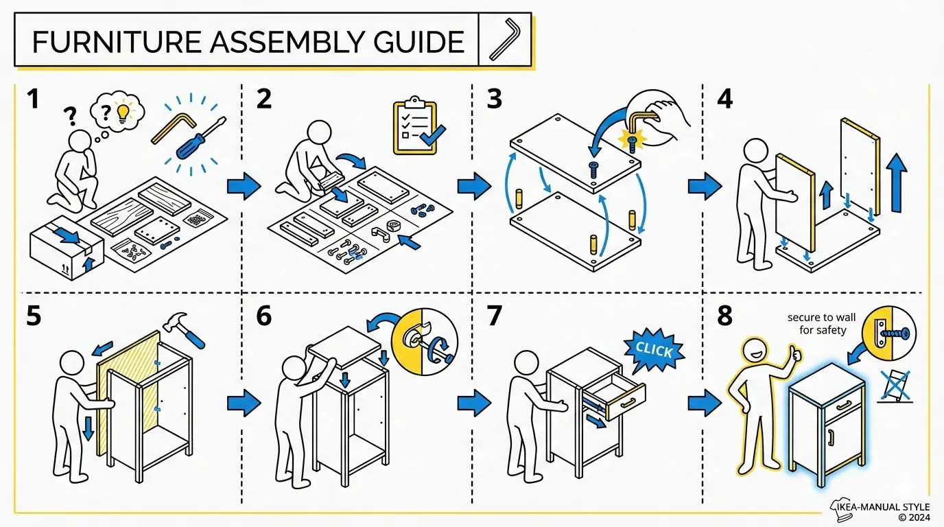 An illustrated furniture assembly guide in the author's IKEA manual infographic style.