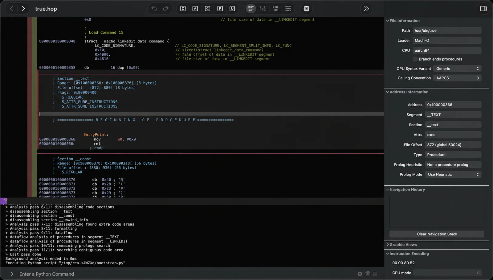 Author’s README screenshot: REA starts its Hopper analysis bridge while inspecting the /usr/bin/true Mach-O binary.