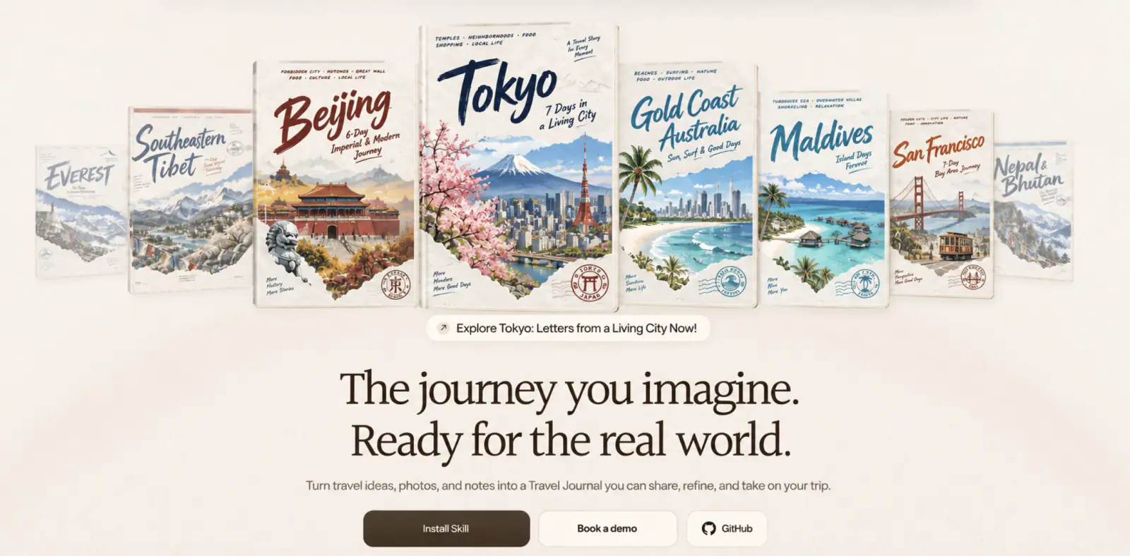 JourniOne Travel Planning — JourniOne travel guide covers featuring Tokyo, Beijing, the Gold Coast, the Maldives, and more