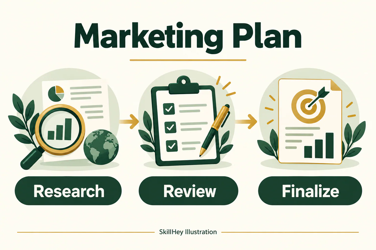 SkillHey workflow illustration for Marketing Plan: Research, Review, Finalize.