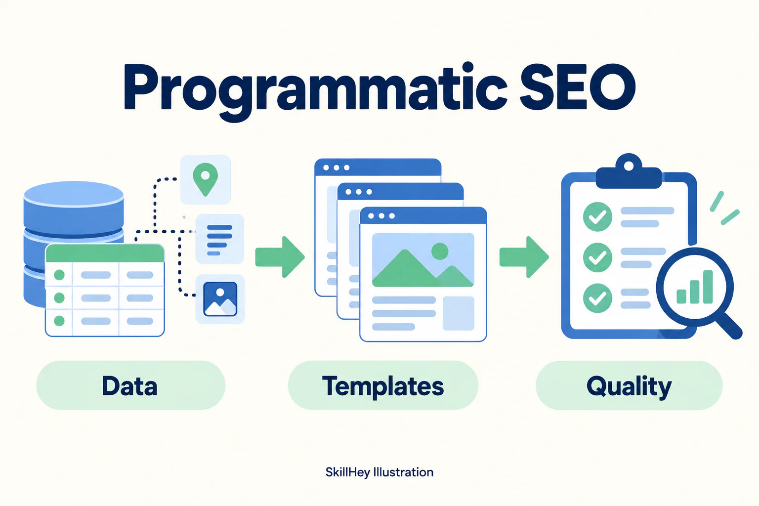 SkillHey workflow illustration for Programmatic SEO: Data, Templates, Quality.
