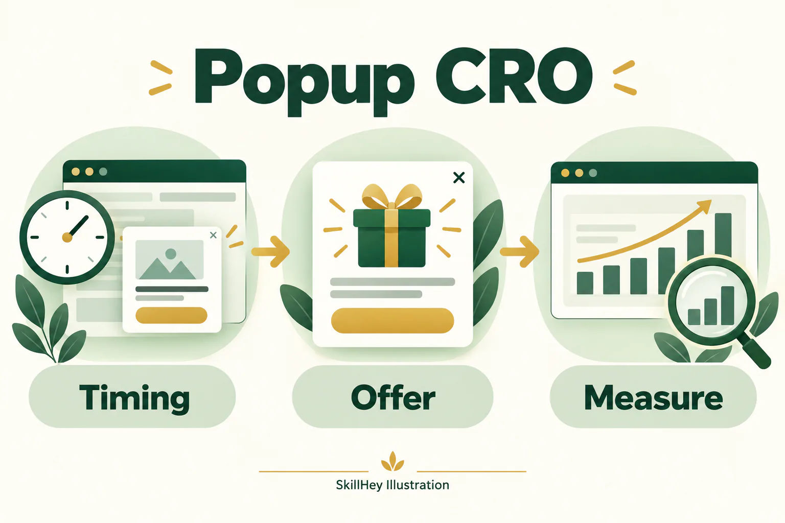SkillHey workflow illustration for Popup CRO: Timing, Offer, Measure.