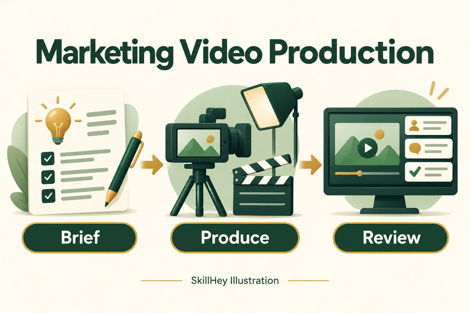 SkillHey workflow illustration for Marketing Video Production: Brief, Produce, Review.