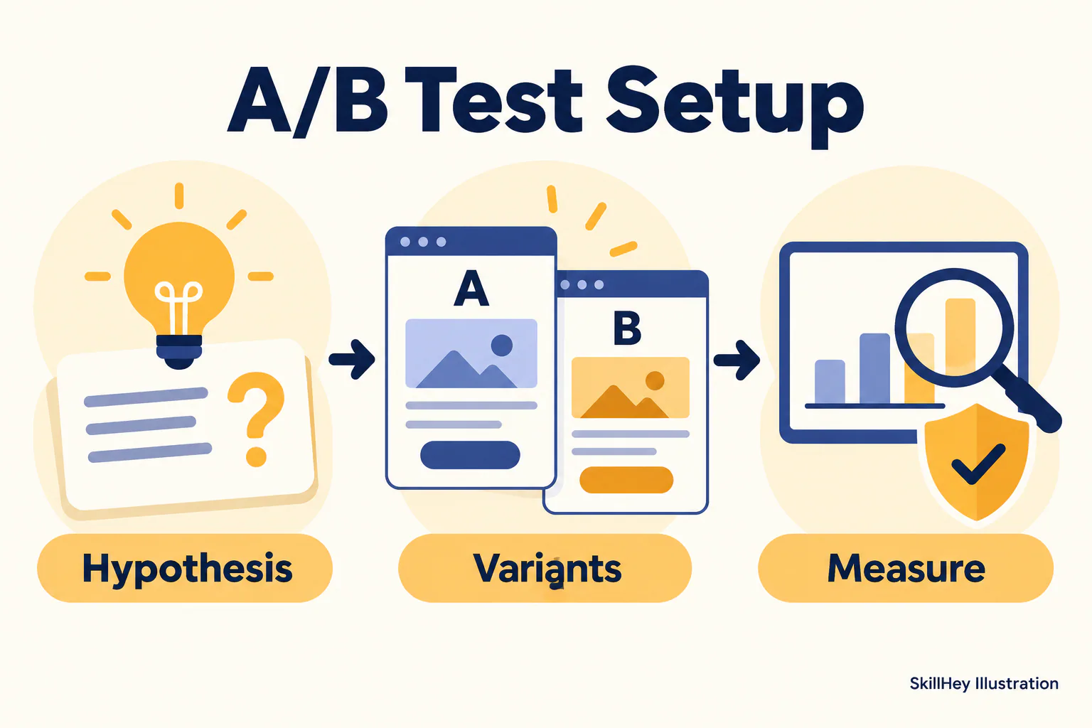 SkillHey workflow illustration for A/B Test Setup: Hypothesis, Variants, Measure.