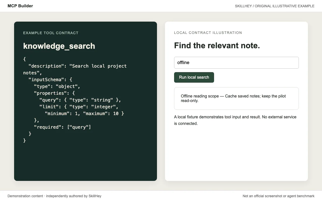 Knowledge-search tool illustration showing input JSON, tool structure and local results; not a recording of an MCP connection.
