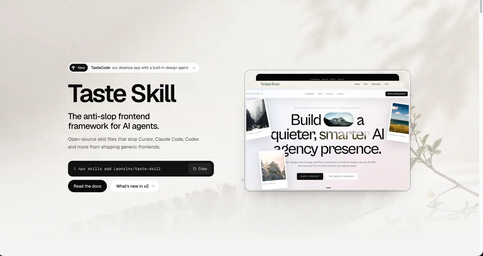Taste Skill homepage with its frontend framework introduction, installation command and website examples.