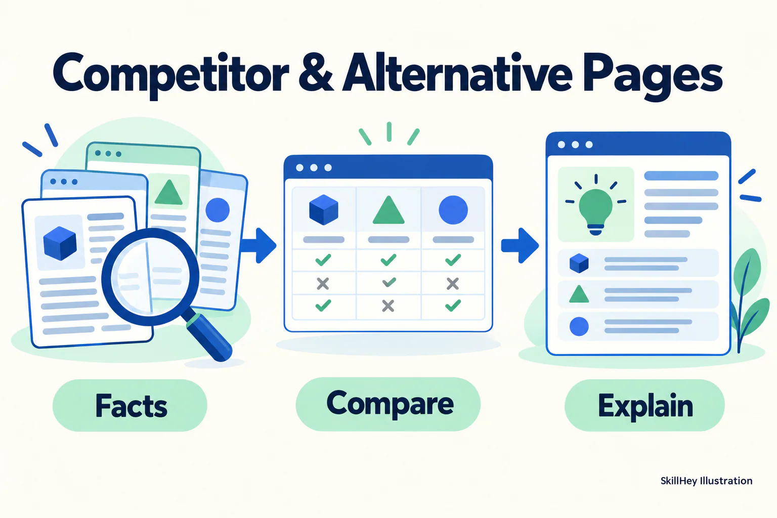SkillHey workflow illustration for Competitor & Alternative Pages: Facts, Compare, Explain.