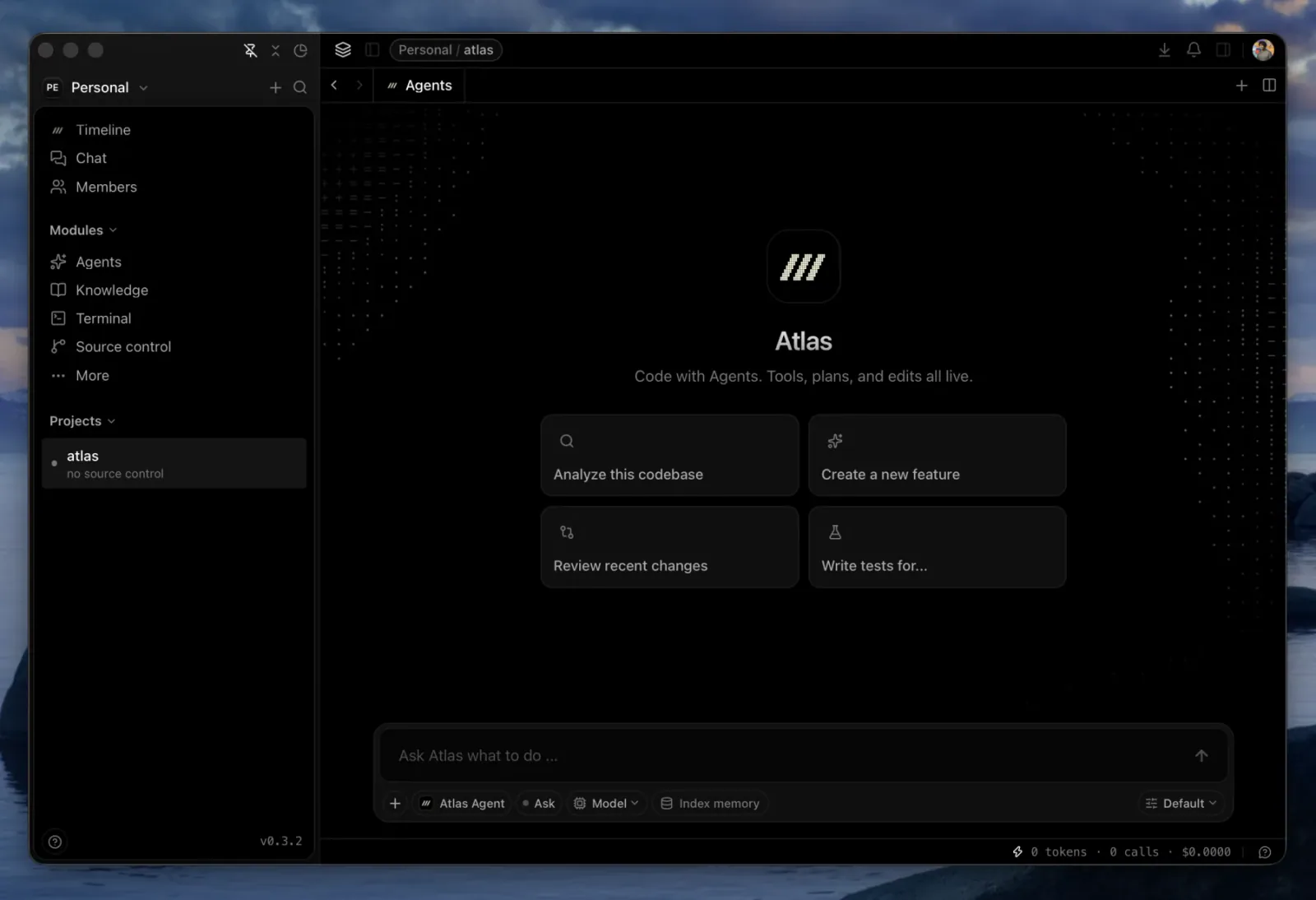 Atlas agent workspace with project sidebar