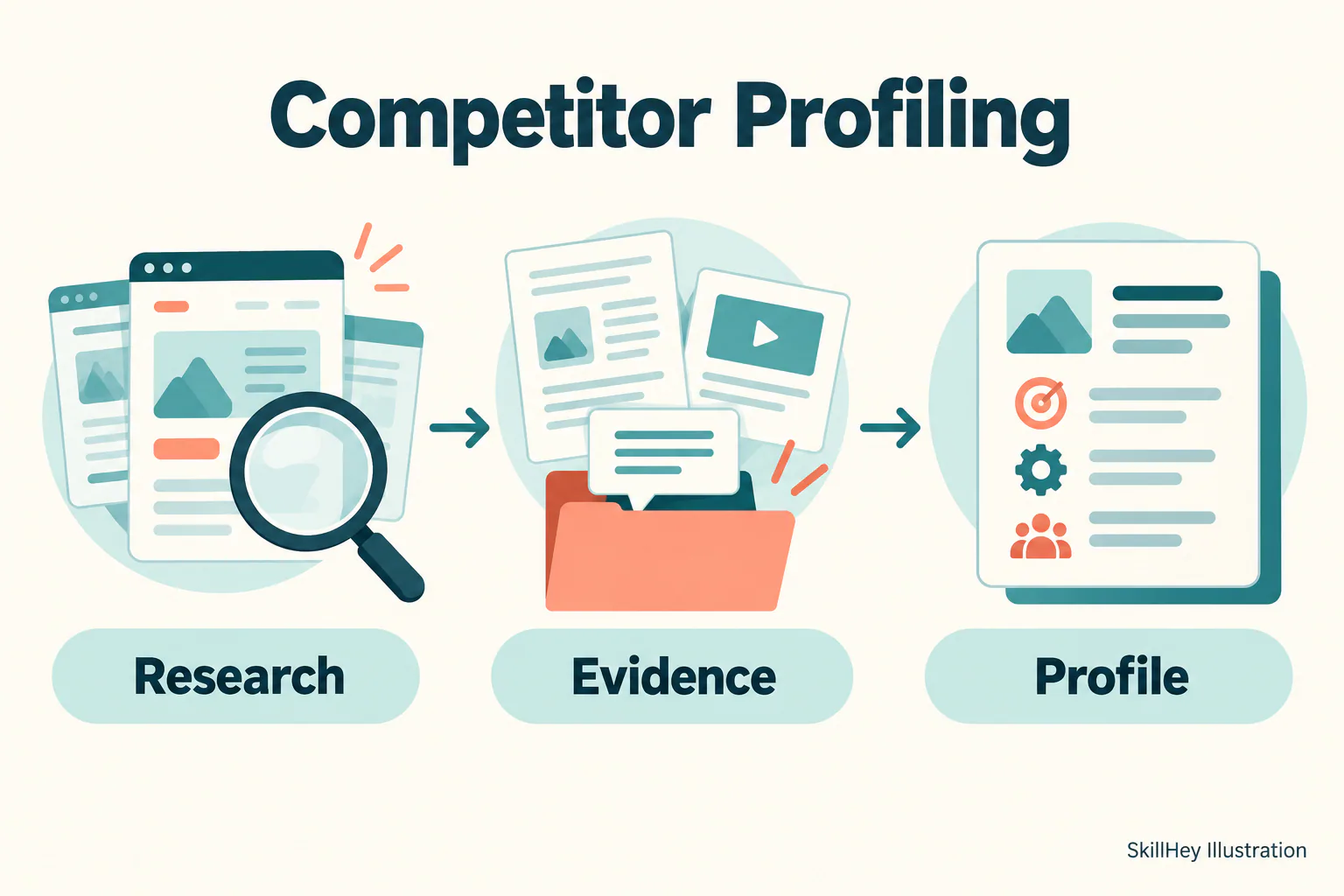 SkillHey workflow illustration for Competitor Profiling: Research, Evidence, Profile.