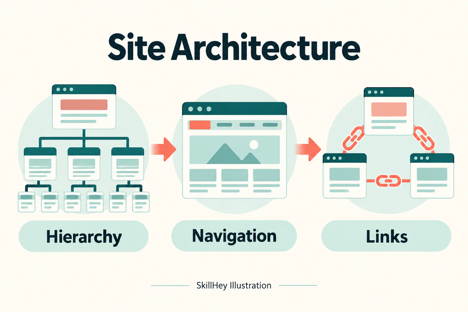 SkillHey workflow illustration for Site Architecture: Hierarchy, Navigation, Links.