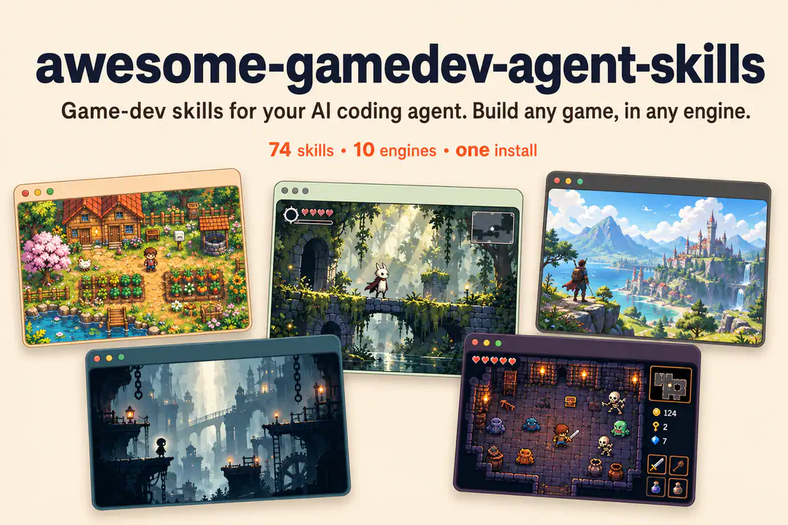 Author-provided banner showing five game scenes. Its 74-skill label reflects an earlier edition; the reviewed catalog contains 76 specialized skills plus a router.