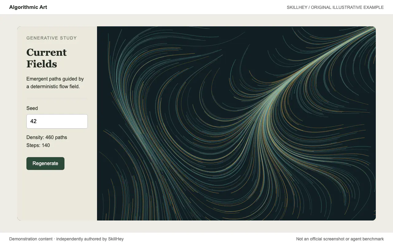 Original flow-field artwork with teal and warm curves on a dark background and a reproducible random seed.