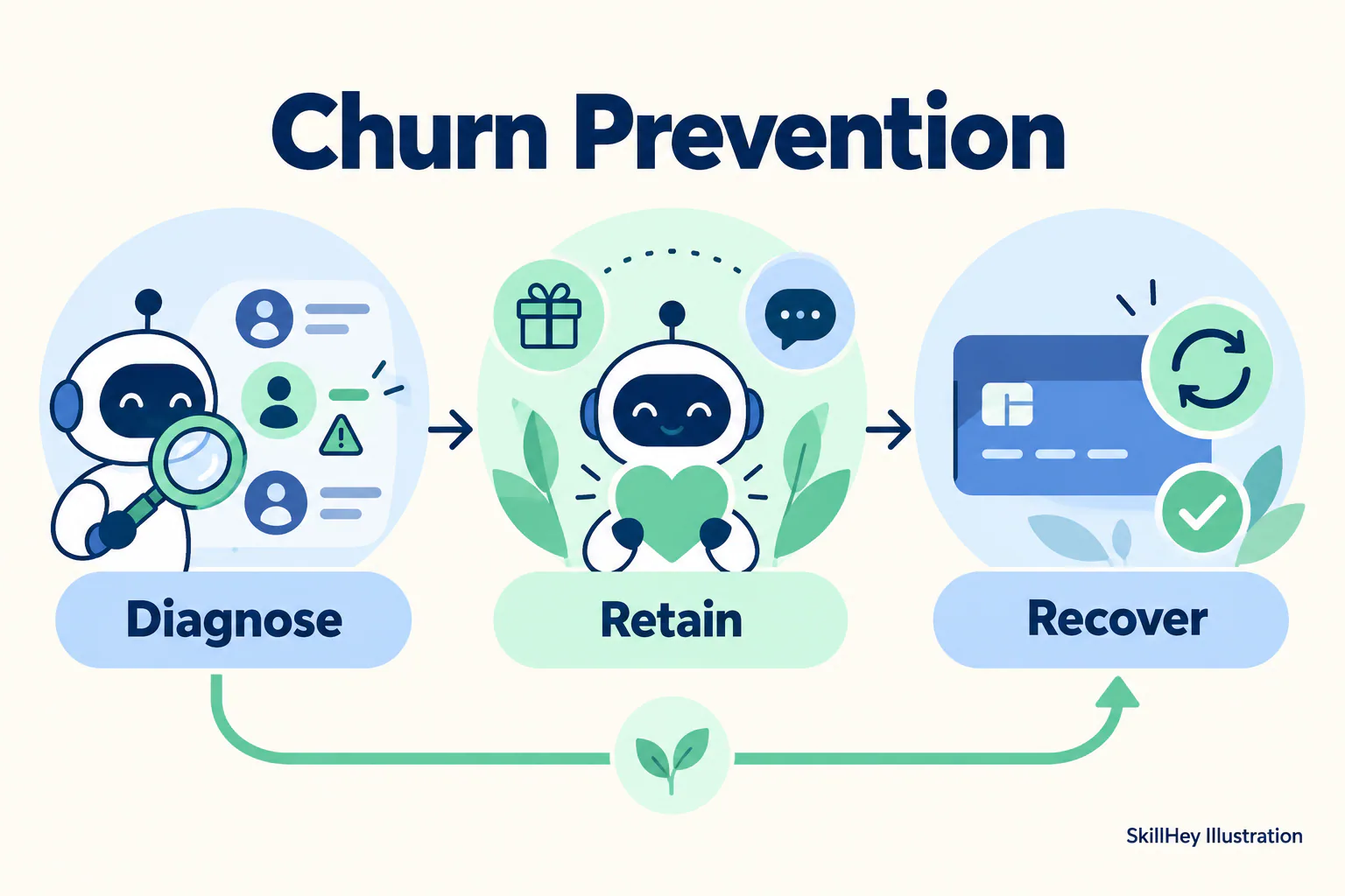SkillHey workflow illustration for Churn Prevention: Diagnose, Retain, Recover.