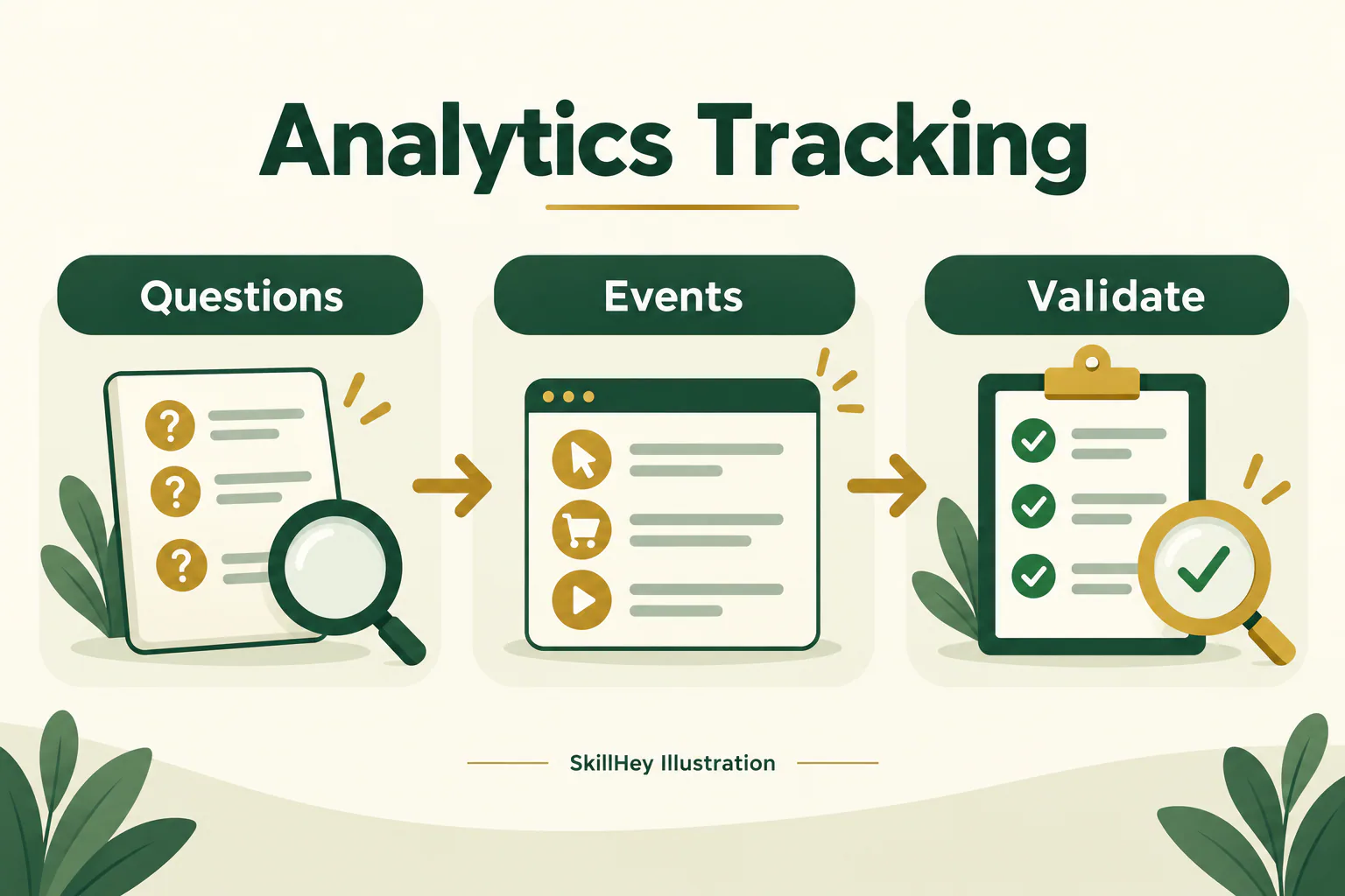 SkillHey workflow illustration for Analytics Tracking: Questions, Events, Validate.