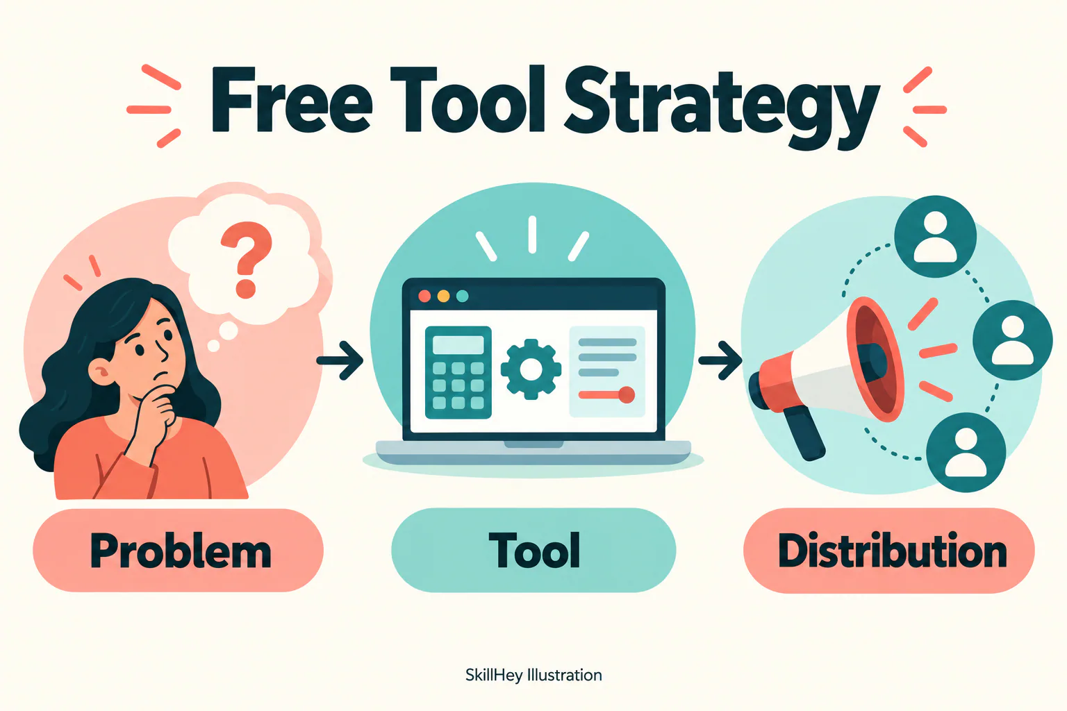 SkillHey workflow illustration for Free Tool Strategy: Problem, Tool, Distribution.
