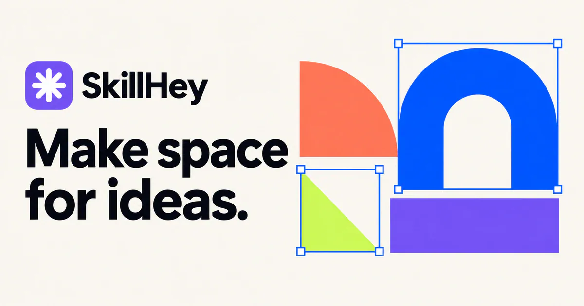 SkillHey wide social card with Make space for ideas headline and a selected blue arch and chartreuse geometric puzzle
