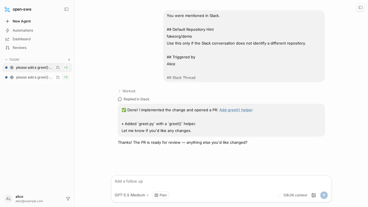 Open SWE dashboard and context-window status.