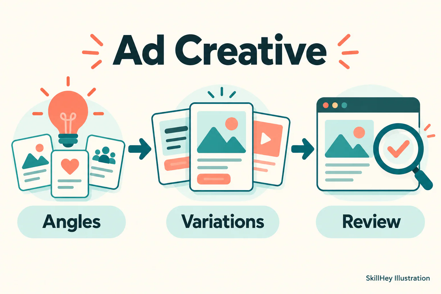 SkillHey workflow illustration for Ad Creative: Angles, Variations, Review.