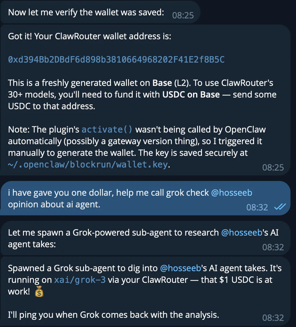 ClawRouter Telegram interaction example