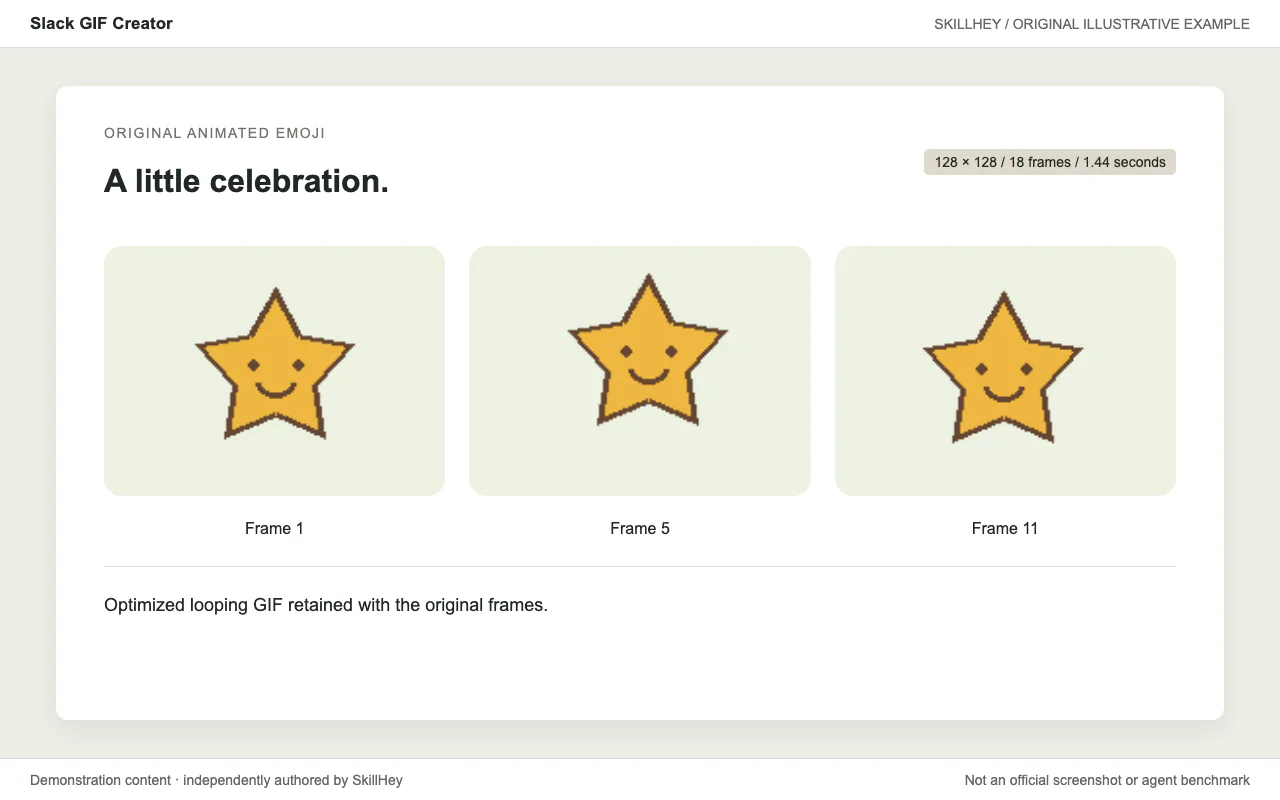 Three frames from an original star-celebration animation; a looping 128-by-128 GIF is retained.