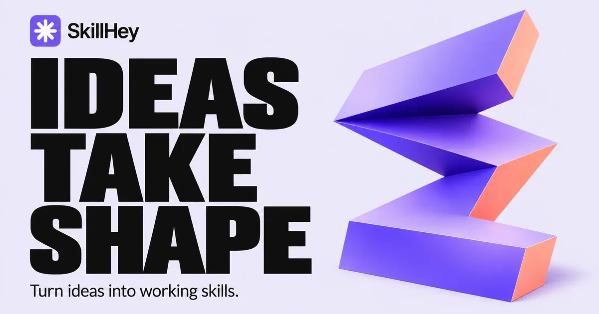 SkillHey Ideas Take Shape landscape poster with monumental black type and a violet folded zigzag sculpture