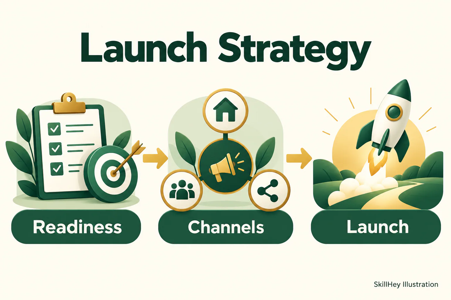 SkillHey workflow illustration for Launch Strategy: Readiness, Channels, Launch.