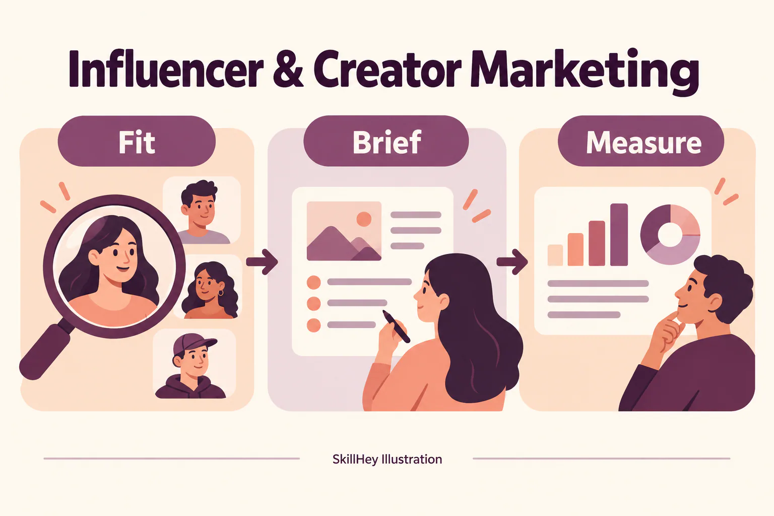 SkillHey workflow illustration for Influencer & Creator Marketing: Fit, Brief, Measure.