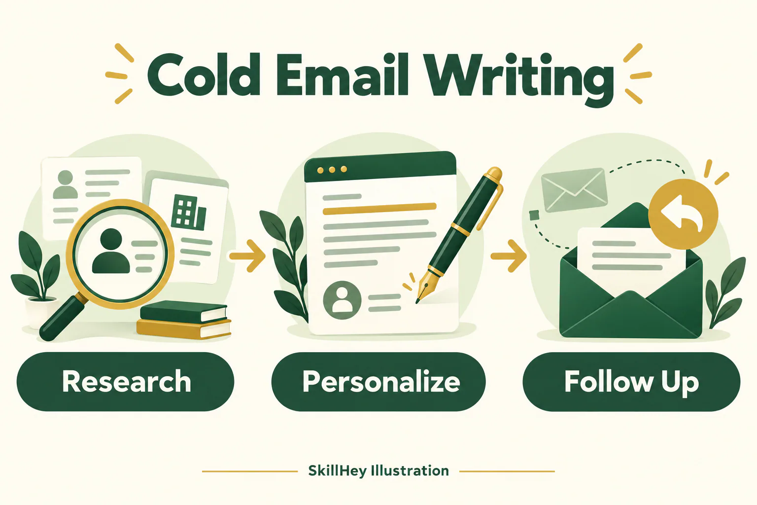 SkillHey workflow illustration for Cold Email Writing: Research, Personalize, Follow Up.