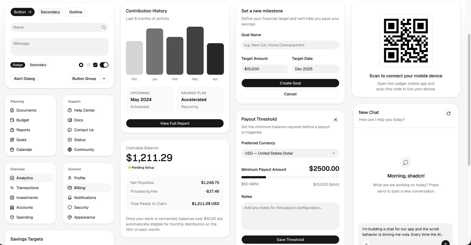 A light shadcn/ui component showcase with forms, navigation, charts, payout settings, and a chat interface.