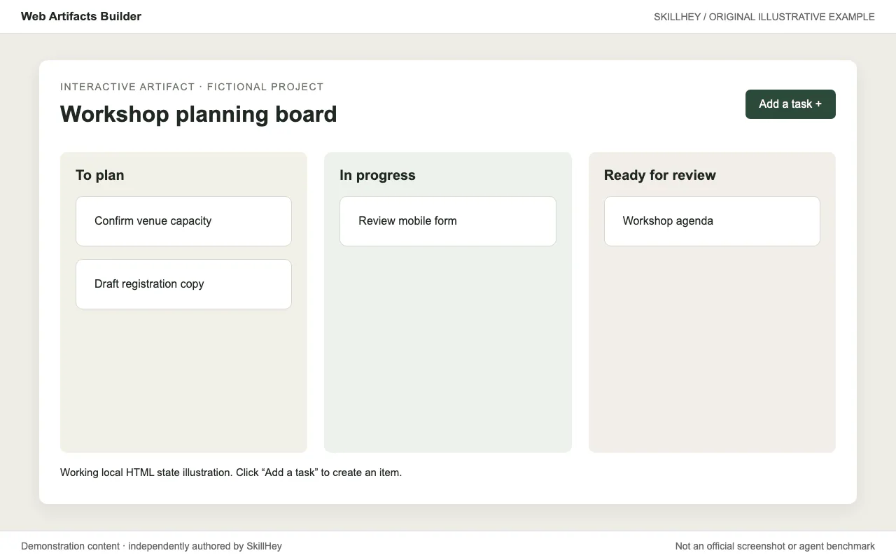 Fictional workshop-planning board with To do, In progress and Done columns and a working add-task interaction.