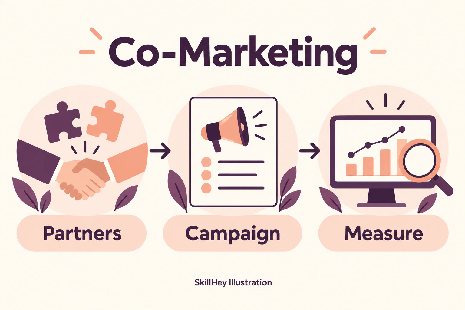 SkillHey workflow illustration for Co-Marketing: Partners, Campaign, Measure.