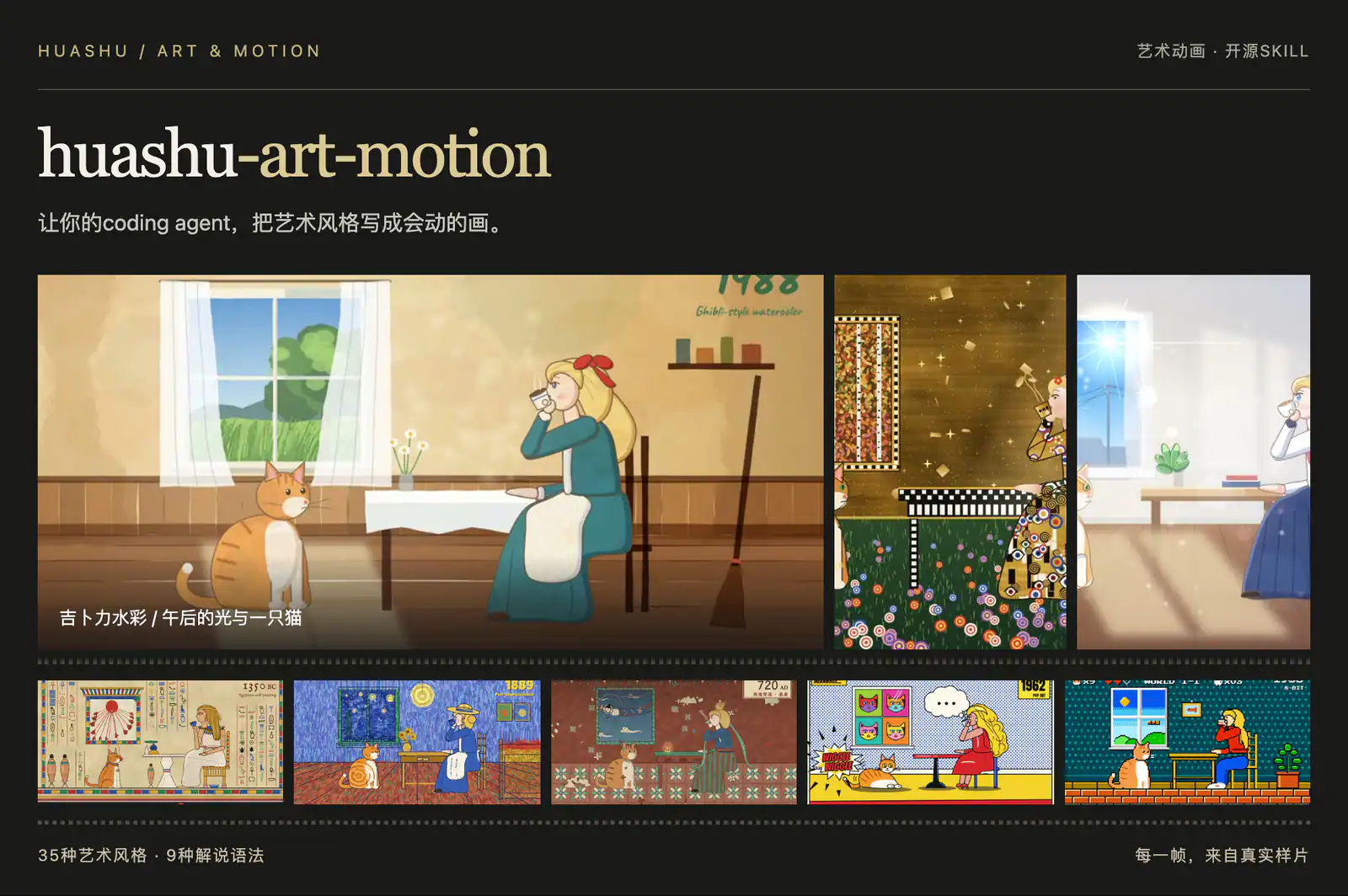 Huashu Art Motion showcase: a woman and cat pictured in multiple art styles.