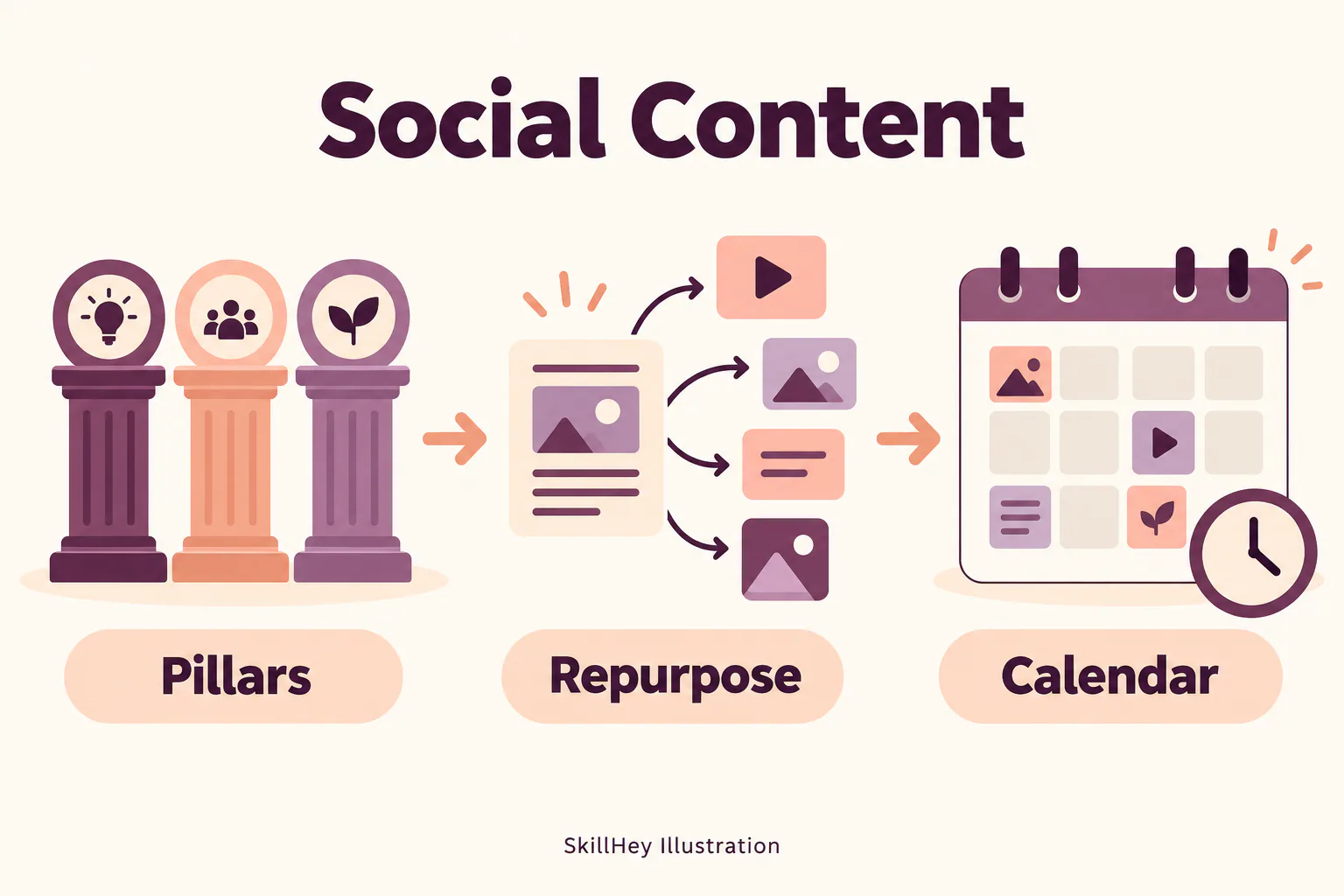 SkillHey workflow illustration for Social Content: Pillars, Repurpose, Calendar.