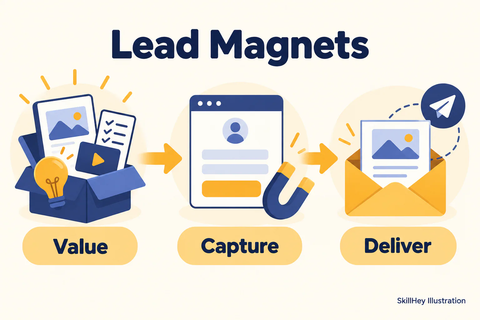 SkillHey workflow illustration for Lead Magnets: Value, Capture, Deliver.