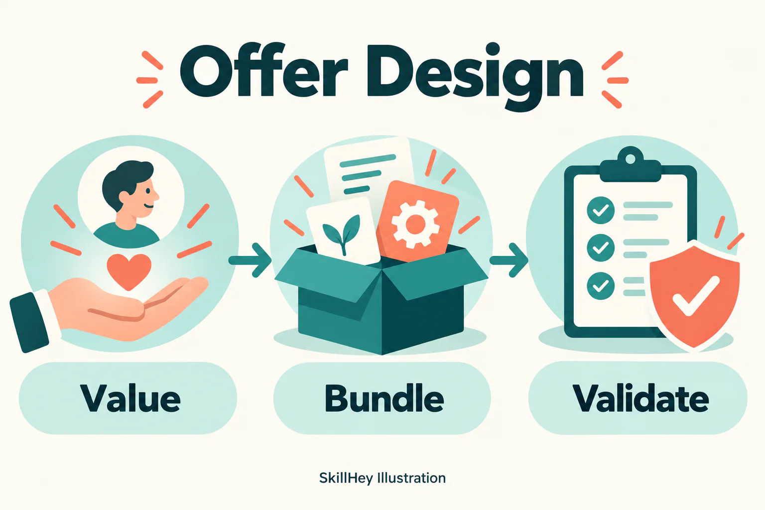 SkillHey workflow illustration for Offer Design: Value, Bundle, Validate.