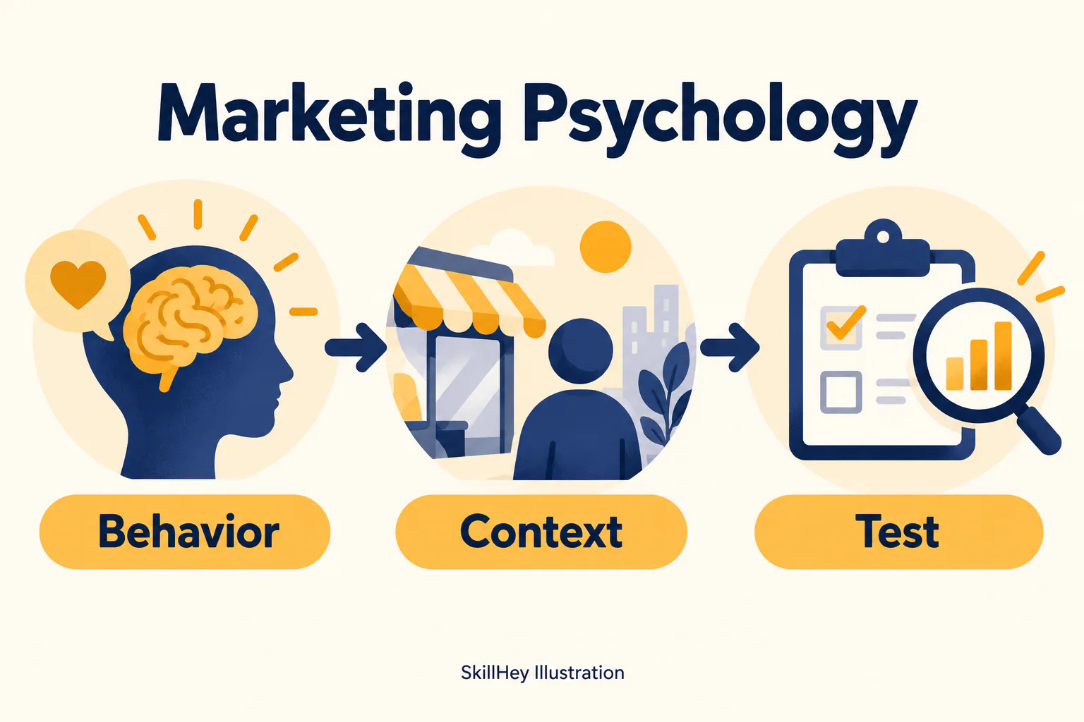 SkillHey workflow illustration for Marketing Psychology: Behavior, Context, Test.