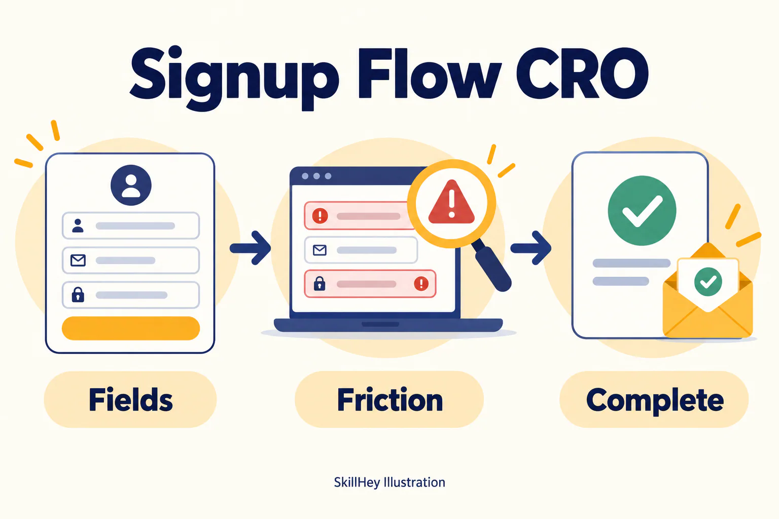 SkillHey workflow illustration for Signup Flow CRO: Fields, Friction, Complete.