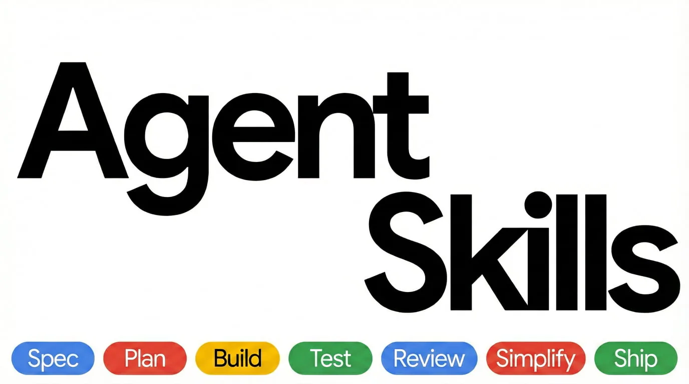 Agent Skills cover with Spec, Plan, Build, Test, Review, Simplify and Ship workflow labels.