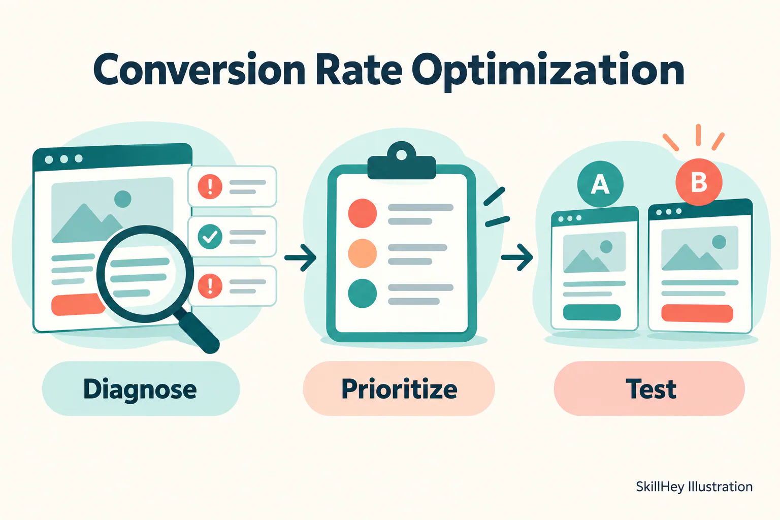 SkillHey workflow illustration for Conversion Rate Optimization: Diagnose, Prioritize, Test.