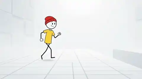 Author’s Style 2A demo: a red-beanie, yellow-shirt stick figure moves through a bright white studio with cyan holographic elements.