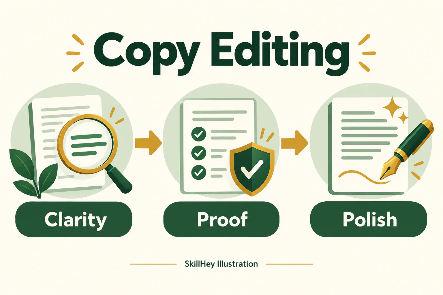 SkillHey workflow illustration for Copy Editing: Clarity, Proof, Polish.