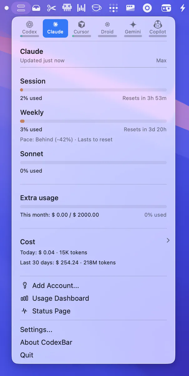 CodexBar usage and limits menu
